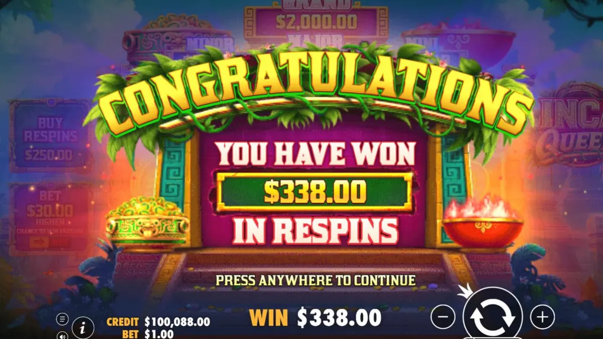 Tampilan visual slot Inca Queen dengan latar belakang pegunungan dan simbol koin emas.