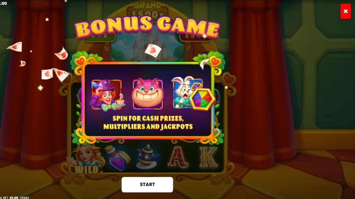 Tampilan layar ponsel menampilkan permainan slot Alice in Cashland dengan tema Wonderland yang penuh warna.